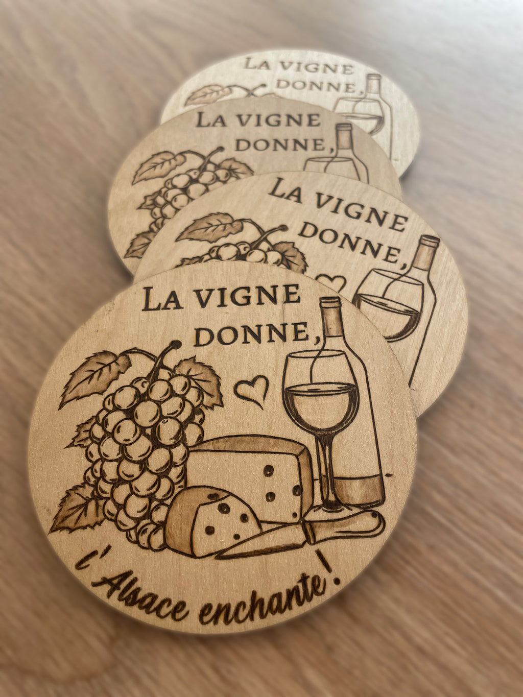 Lot de 4 Sous-Verres Bois Gravés avec Résine Protectrice | Fait France