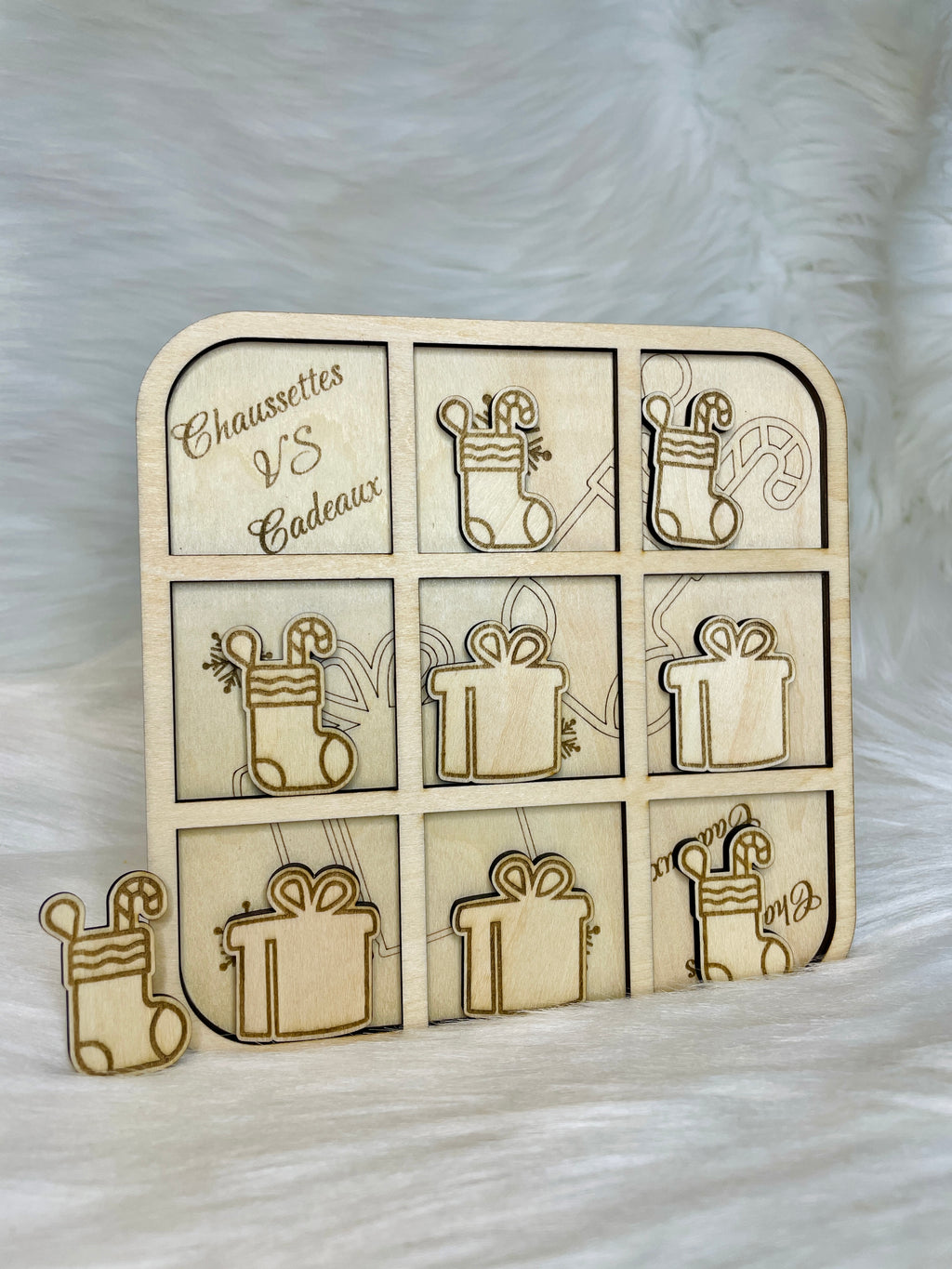 Jeu Morpion Bois Gravé Version Noël | Jeu Artisanal Famille